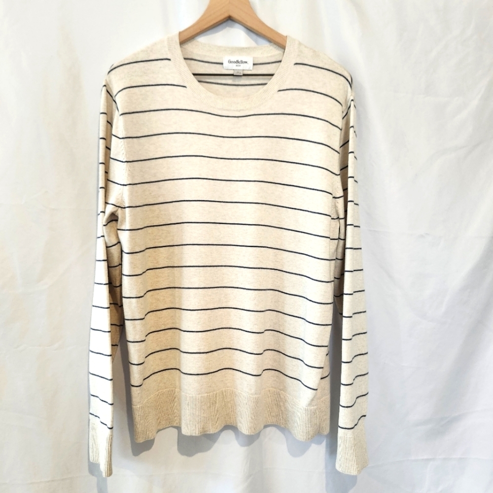 Goodfellow & Co. Men's Crewneck Sweater Size L Tan Navy Stripe Coastal Prep - Picture 2 of 8